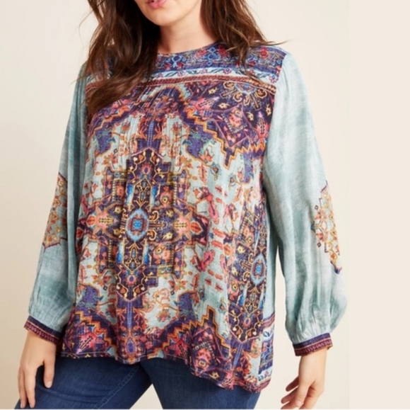Anthropologie Tops - Anthropologie Vineet Bahl Prudence Top Blouse Embroidered Blue Multi Large